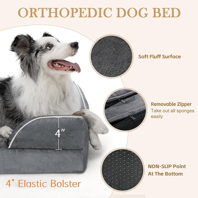 Comfort Expression Orthopedic Dog Bed for Large Dogs 35x22 Inch, Waterproof Supportive Egg Crate Foam Large Pet Bed with Removable Bolsters, Dog Couch with Washable Cover & Non-Slip Bottom, Dark Grey
