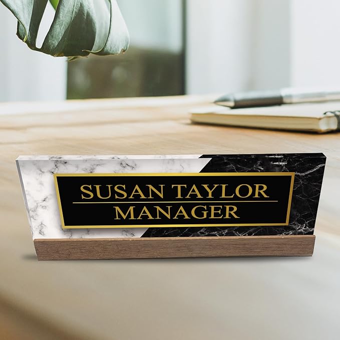 Artblox Personalized Office Desk Name Plate and Business Card Holder | Clear Acrylic Glass with Teak Wood Stand | Black White Marble Design Customized with Your Name and Credentials Office Desk Decor