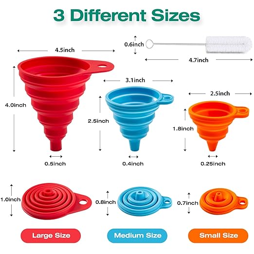KALAVE Kitchen Funnel Set 6 Pack - Food Grade Silicone Collapsible Funnel, Funnels for Kitchen Use Filling Bottles, Daily Cooking, and Water or Powder Transfer. (Multicolor)