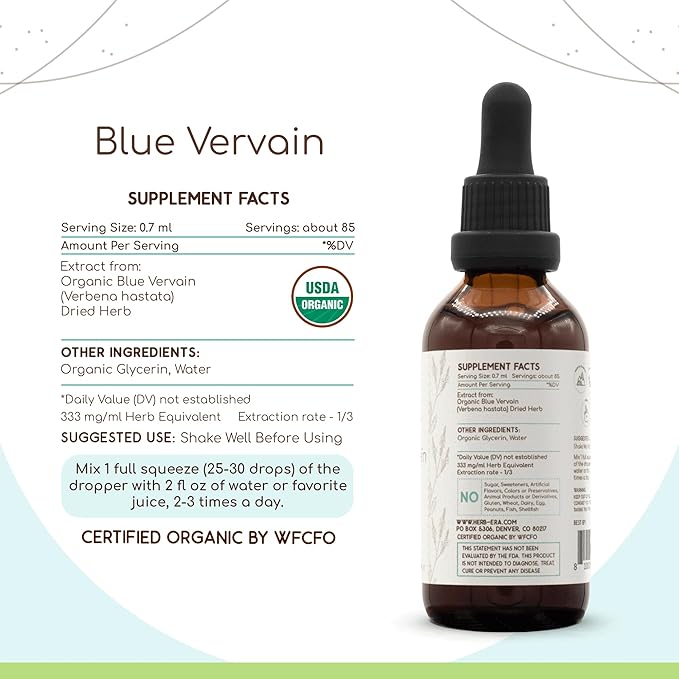 Blue Vervain B60 Alcohol-Free Herbal Extract Tincture, Concentrated Liquid Drops Natural USDA Organic Blue Vervain (Verbena Hastata) (2 fl oz)