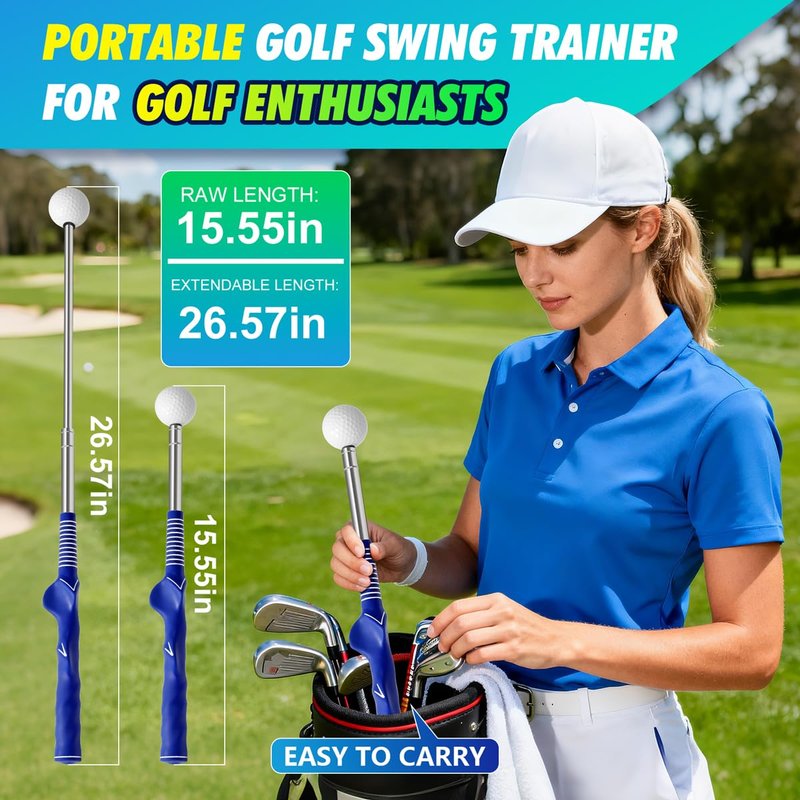 Rpiuago Retractable Golf Swing Training Aid, Right-Handed Golf Swing Trainer with Click Feedback, Tempo Stick Golf to Improve Strength & Tempo with Arm Band, Ideal for Beginners, Indoor & Outdoor Use