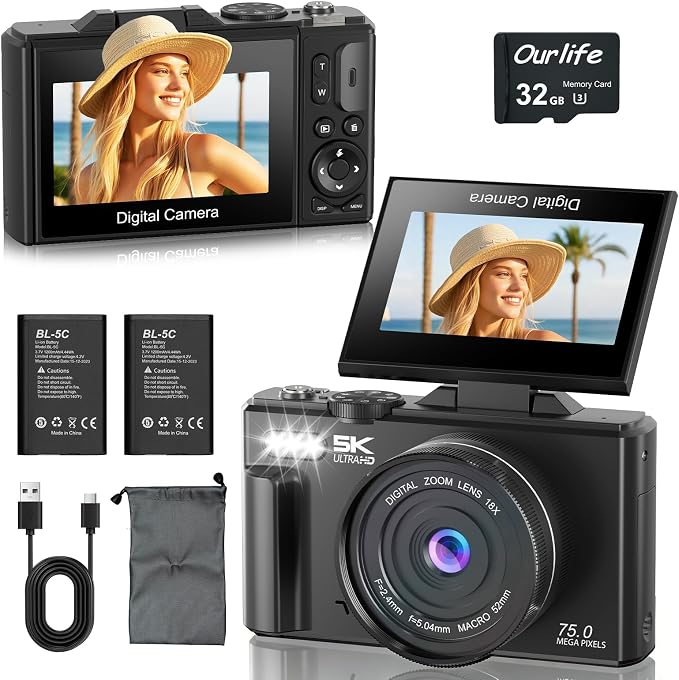 Ourlife Cameras for Photography, 5K 75MP Autofocus Vlogging Camera for YouTube
