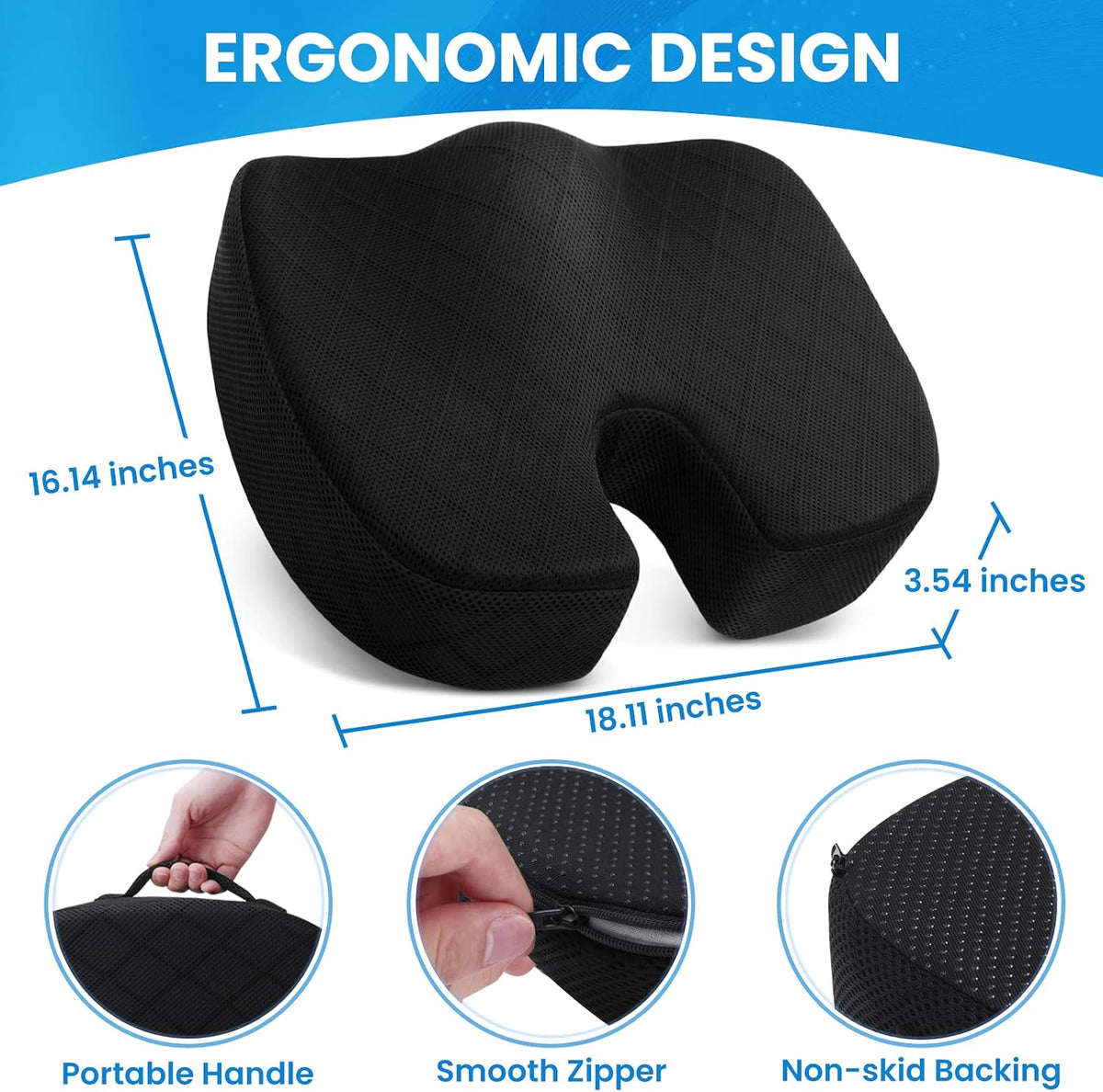 TushGuard Seat Cushion, Office Chair Cushions, Car Seat Cushion, Non-Slip Sciatica & Back Coccyx Tailbone Pain Relief Chair Pad for Computer Desk, Wheelchair, Driving (Black, X-Large)