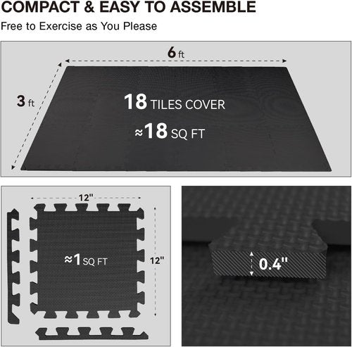AIRHOP Gym Floor Mat - 18 High-Density EVA Foam Interlocking Tiles for Home Gym & Play Areas