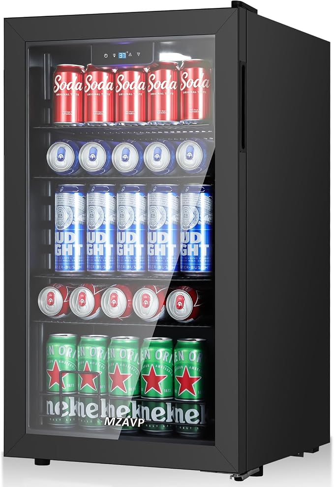 120 Can Beverage Refrigerator, Freestanding Beverage Cooler with Digital Temperature Display, Mini Drink Beer Soda Fridge for Office or Bar, White Indicator Light & Reversible Door - Black
