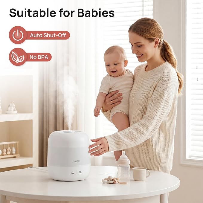 Clarston 2L Cool Mist Humidifier for Bedroom with 360° Adjustable Nozzle, High and Low Mist Levels, Ultra-Low Noise, Light-Off, No BPA, Auto Shut Off, Ideal Baby Humidifier with Easy Top Filling