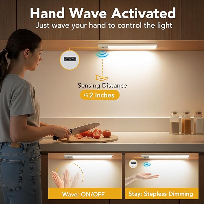 Under Cabinet Lighting with Hand Wave, 56 LED Motion Sensor Light, Rechargeable Closet Lights with 3 Color Temps, 9 Inch Dimming Magnetic Strip Night Lights for Kitchen, Wardrobe, Stairs (2 Pack)