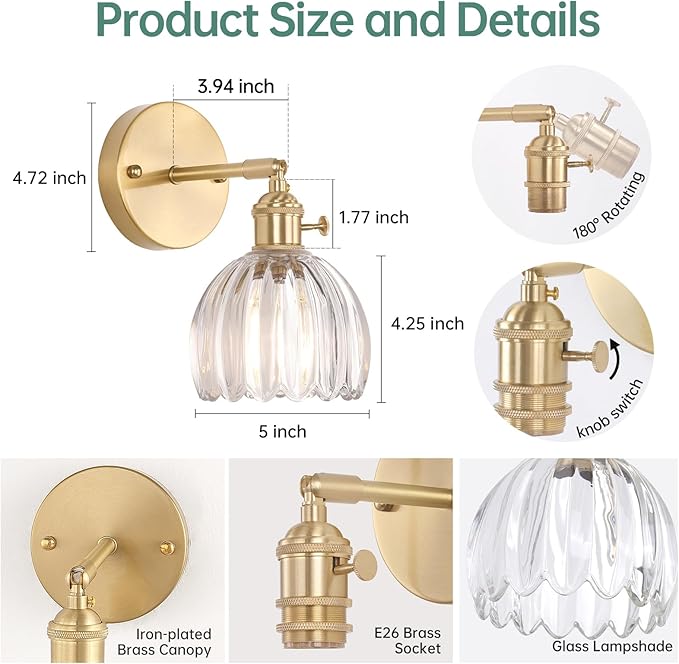 Vintage Wall Sconces Set of 2 with Transparent Tulip Glass Lampshade 180 Degree Adjustable Brass Sconces Hradwired Modern Wall Lighting Fixture with Switch for Bedside Bedroom Doorway