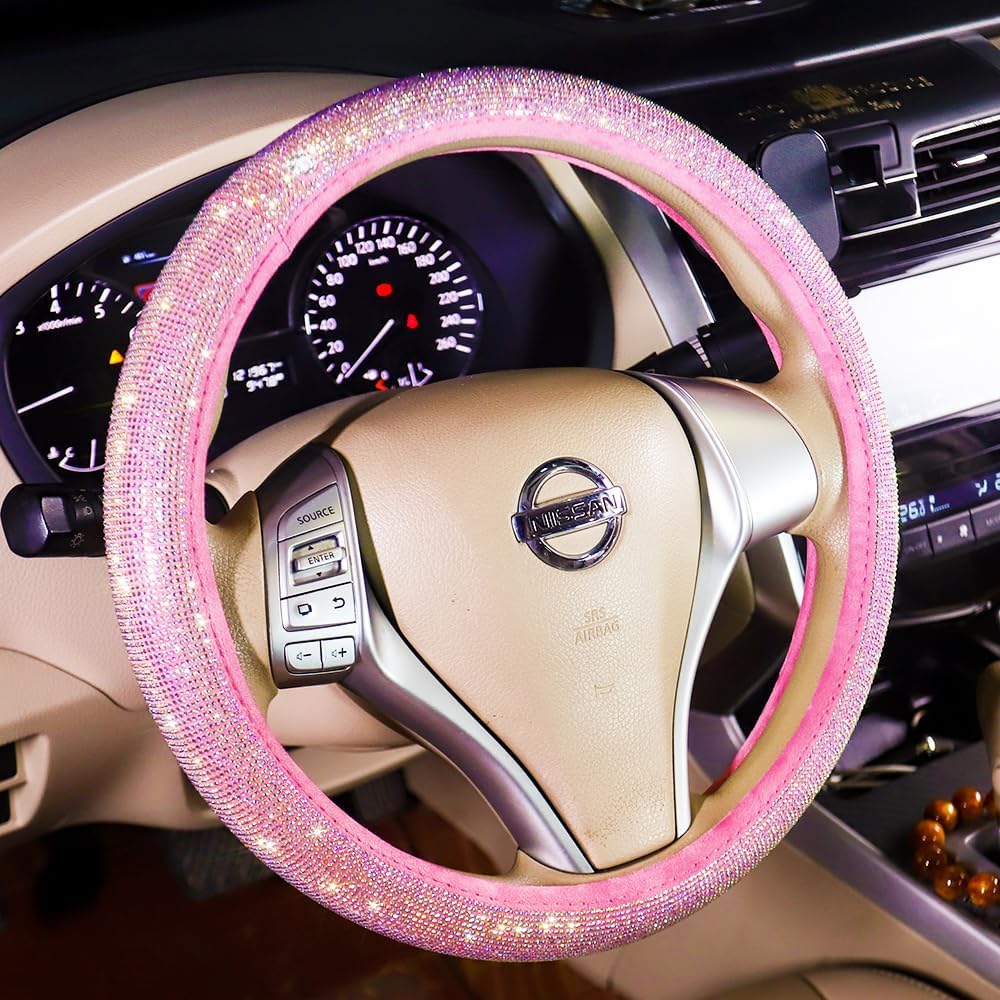 Car Steering Wheel Cover Pink for Women Bling Accessories Diamond Universal