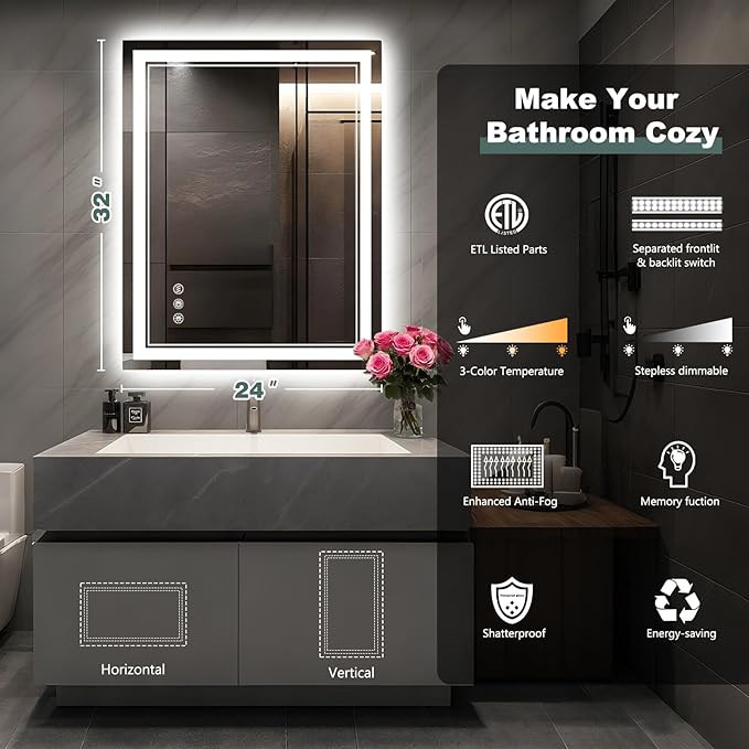 LED Bathroom Mirror with Lights: 24"x32" Wall Mounted Large Lighted Mirrors Fogless, Anti-Fog,Dimmable,Memory Function, Shatterproof Tempered Glass, Espejos para Baños, ETL Listed
