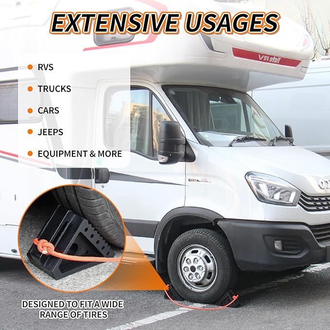 OULEME Premium Rubber Wheel Chocks with Carry Handles, Solid RV Tire Chocks for Camper, Travel Trailer, Trucks or ATV, Stable and Durable, 8.5" x 4" x 6" (4-Pack)
