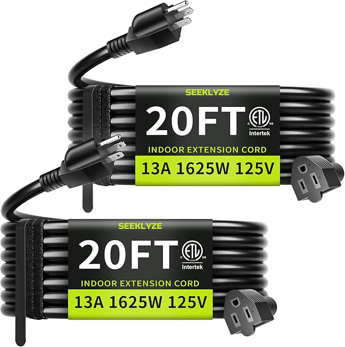 16/3 Black 20 FT (2Pack) Extension Cord, Indoor Extension Cord for Laptops, Coffee Makers, Office Home Appliances, 3 Prong Resistant Cable Flexible, 13A 125V 1625W ETL Listed