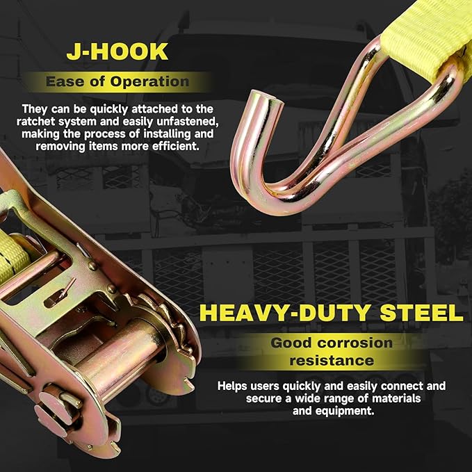 6 Pack 2" x15' Ratchet Strap Tie Down 4500LB J Hook, (Pack of 6) Heavy Duty Tie-Down Ratcheting Cargo Truck Straps Wire Hook Ends, J-Hook Ratchet Strap Tie-Downs