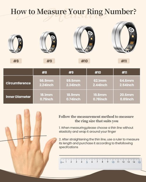 Fvtga Smart Health Ring - Fitness Tracker with Heart Rate & Sleep Monitoring | IP68 Waterproof, Silver, Size 8