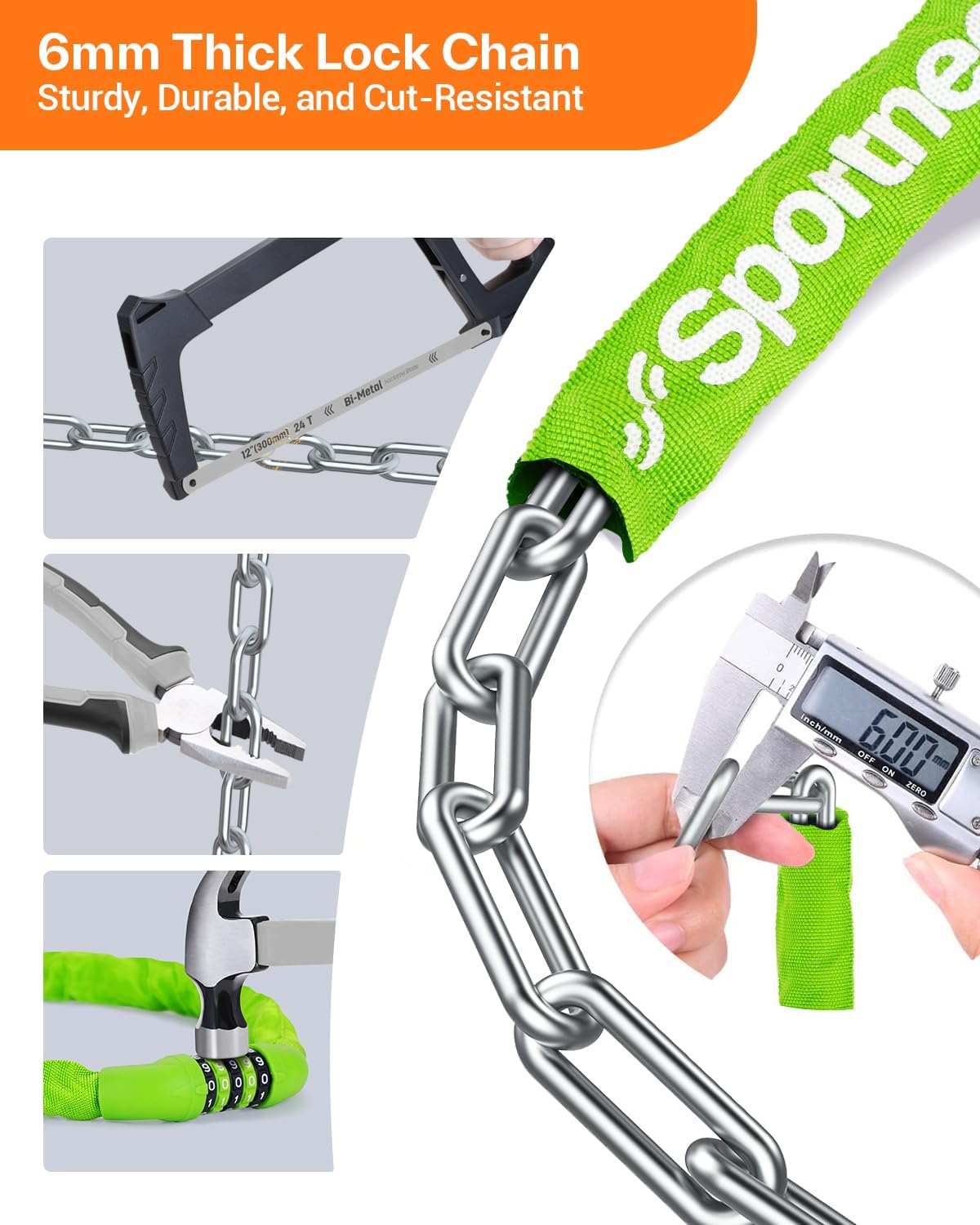 Sportneer Bike Lock - High Security 5-Digit Combination Chain Lock | Heavy Duty Keyless Design - 3.2/3.6/4ft