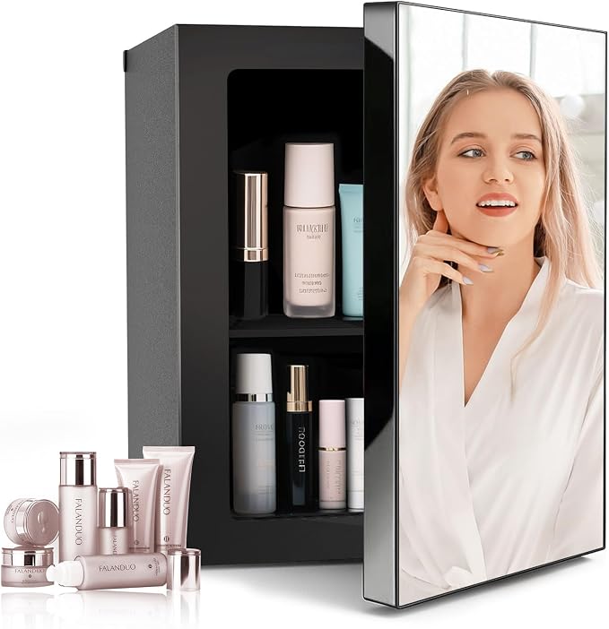 24 Can Mini Fridge with Mirror, 0.9 Cu.Ft Compact Beverage Quiet | 7-Temperature Control Cooler for Soda, Beer, Wine & Beauty Products, Small Refrigerator for Bedroom, Dorm, Office