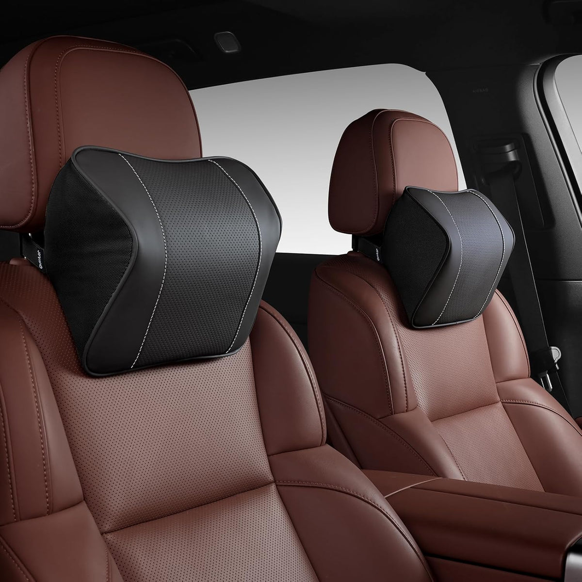 Genuine Leather Car Neck Pillow for Tesla Model 3/Y/S/X, Lumbar Support, Black