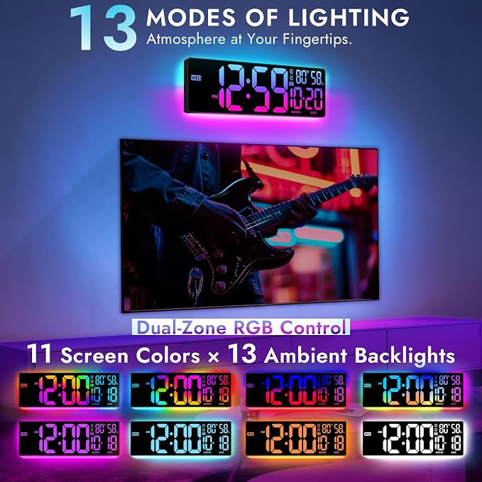 16.5" Large Digital Wall Clock: 13 RGB Night Lights Giant LED Display