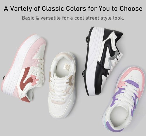 ANEFUN Roller Skate Shoes for Kids Boys Girls Sneakers with Detachable Wheels Sport Shoe White/Pink