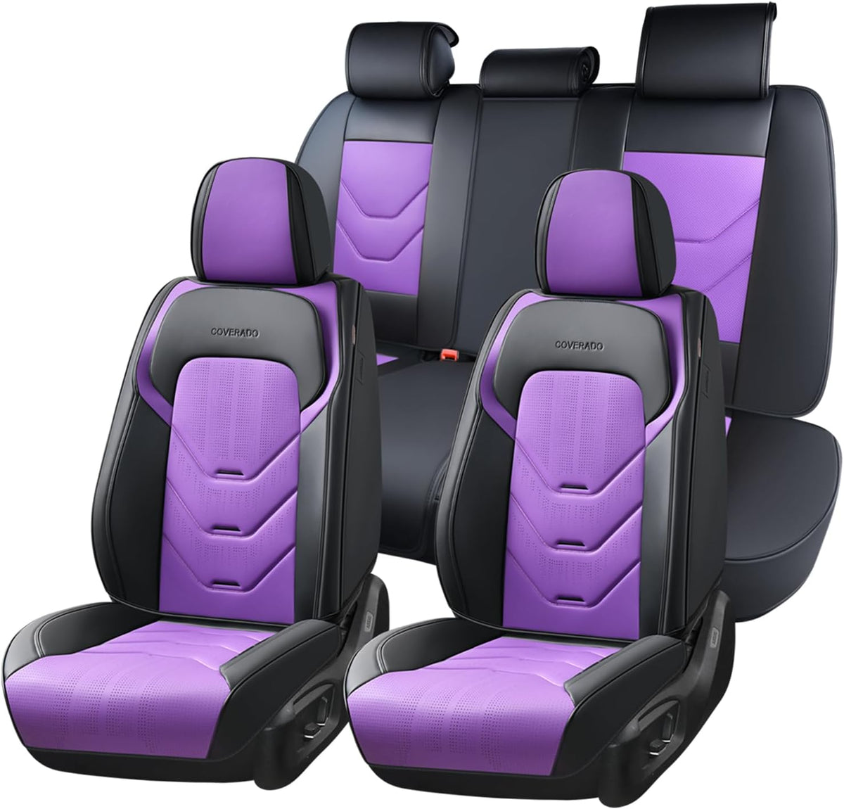 Coverado Car Seat Covers Full Set, Luxury Leather Seat Covers for Front and Back Seat, Black&Purple Seat Cover for Car, Waterproof Car Seat Protector, Car Seat Cushion Universal Fit for Most Cars