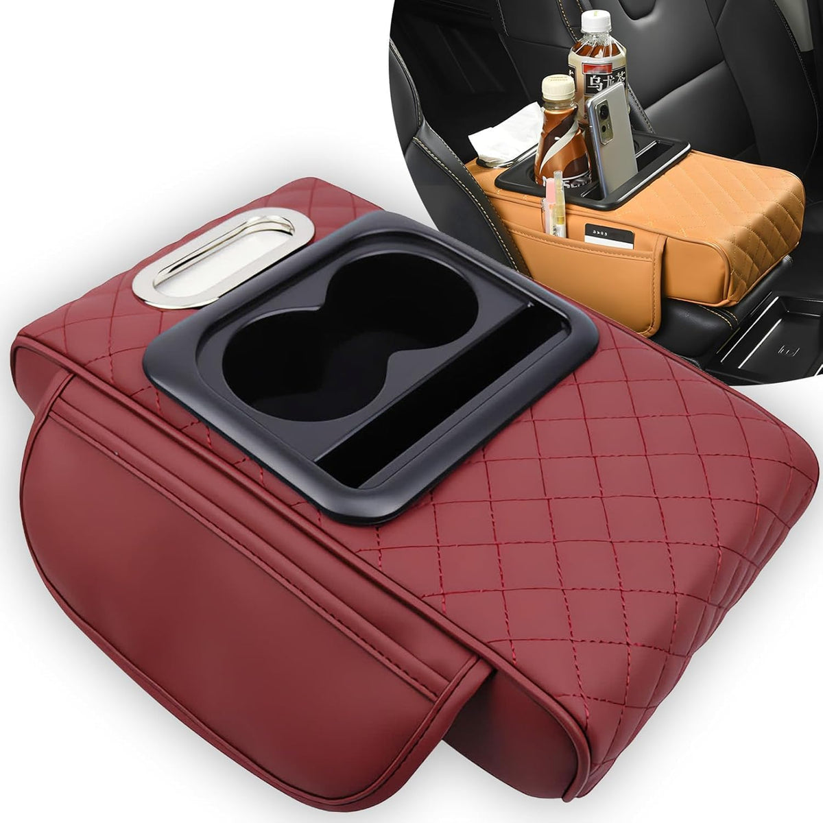 Multifunctional PU Leather Car Armrest Box Mat, 5-in-1 Multifunctional Car Armrest Cushion, Center Console Cover with 2 Cup Holder, For Storing Tissues,Phones,Wallets,Drinks,for Most Cars (Red)
