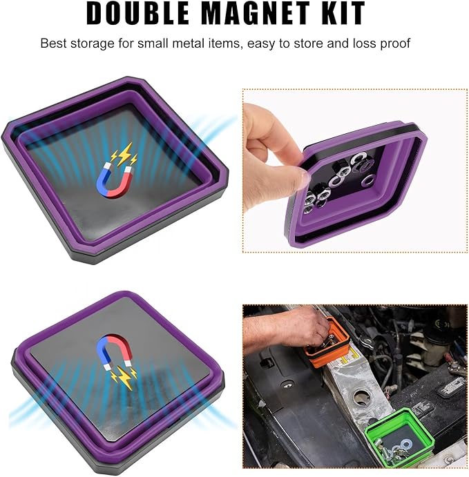Collapsible Magnetic Parts Tray, 4.5 Inch Foldable Magnetic Square Silicone Tray, Tool Tray Set with Double-Sided Magnetic Base for Screw Bolts Nuts Pins, Car Accessories (Purple)