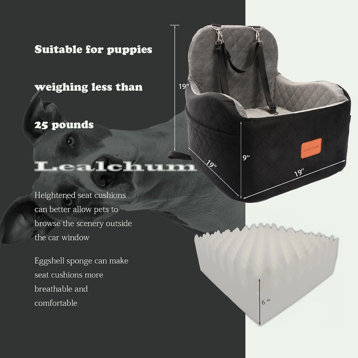 Lealchum Dog Booster Car Seat for S/M Dogs Up to 35lbs,Soft 6in Elevated Cushion,Fits in Front/Back Seat,Fully Detachable and Washable,2 Storage Pockets & 3 Straps,Easy to Install (Black/Brown,Medium)