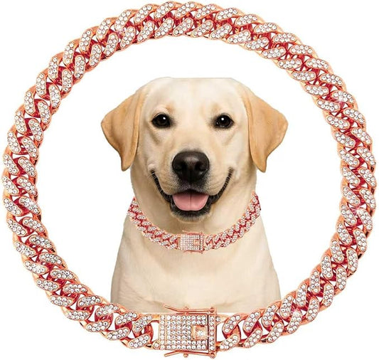 Cuban Link Dog Chain Collar Rose Gold Crystal Dog Necklace Metal with Design Secure Buckle Pet Collar Jewelry Accessories for Small Medium Large Dogs Cats(Rose Glod 24inch)