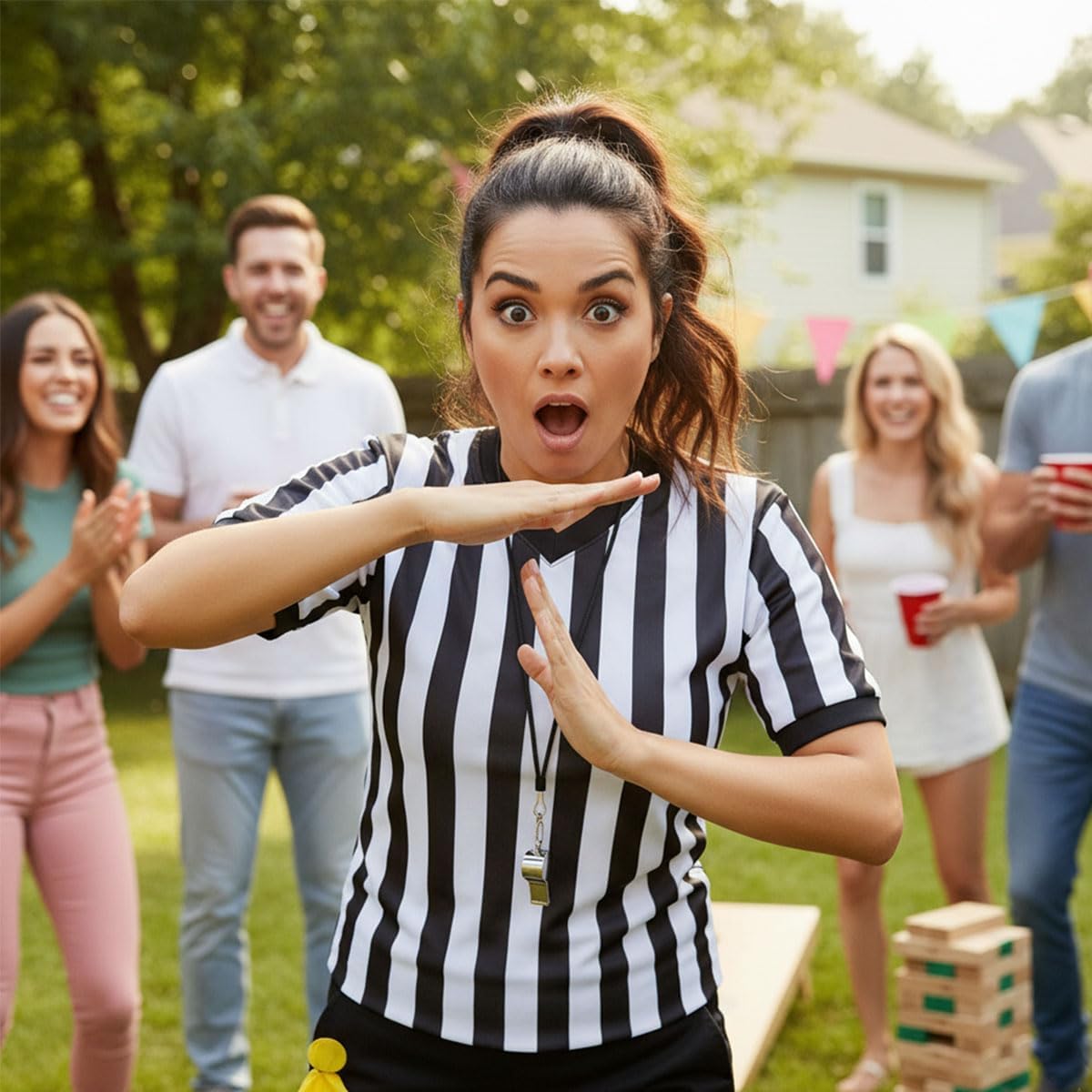 Skiennix Referee Shirt - 4-Piece Umpire Costume Set with Jersey, Flags & Whistle for Football Halloween
