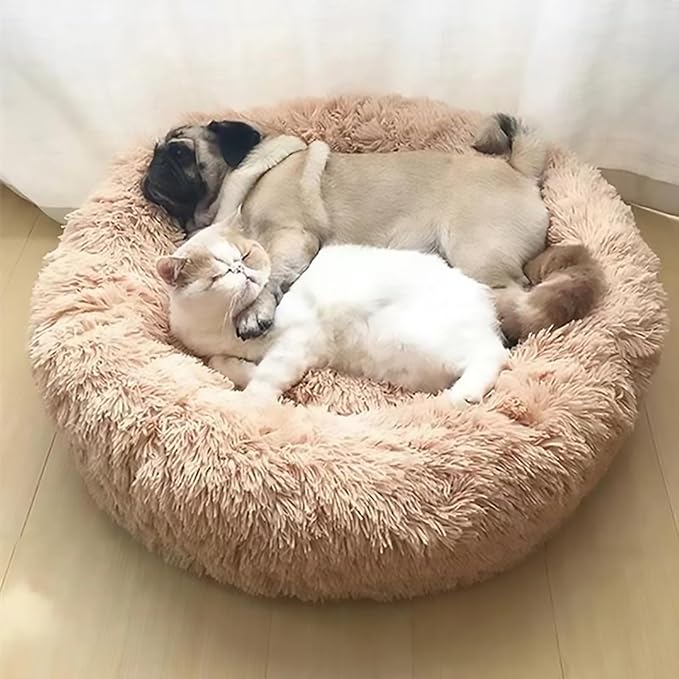 Calming Dog Bed for Small Dogs, Calming Donut Cuddler Pet Bed Anti Anxiety Round Dog Bed Fluffy Plush Faux Fur Cat Bed,Colorful Pink,35.5IN