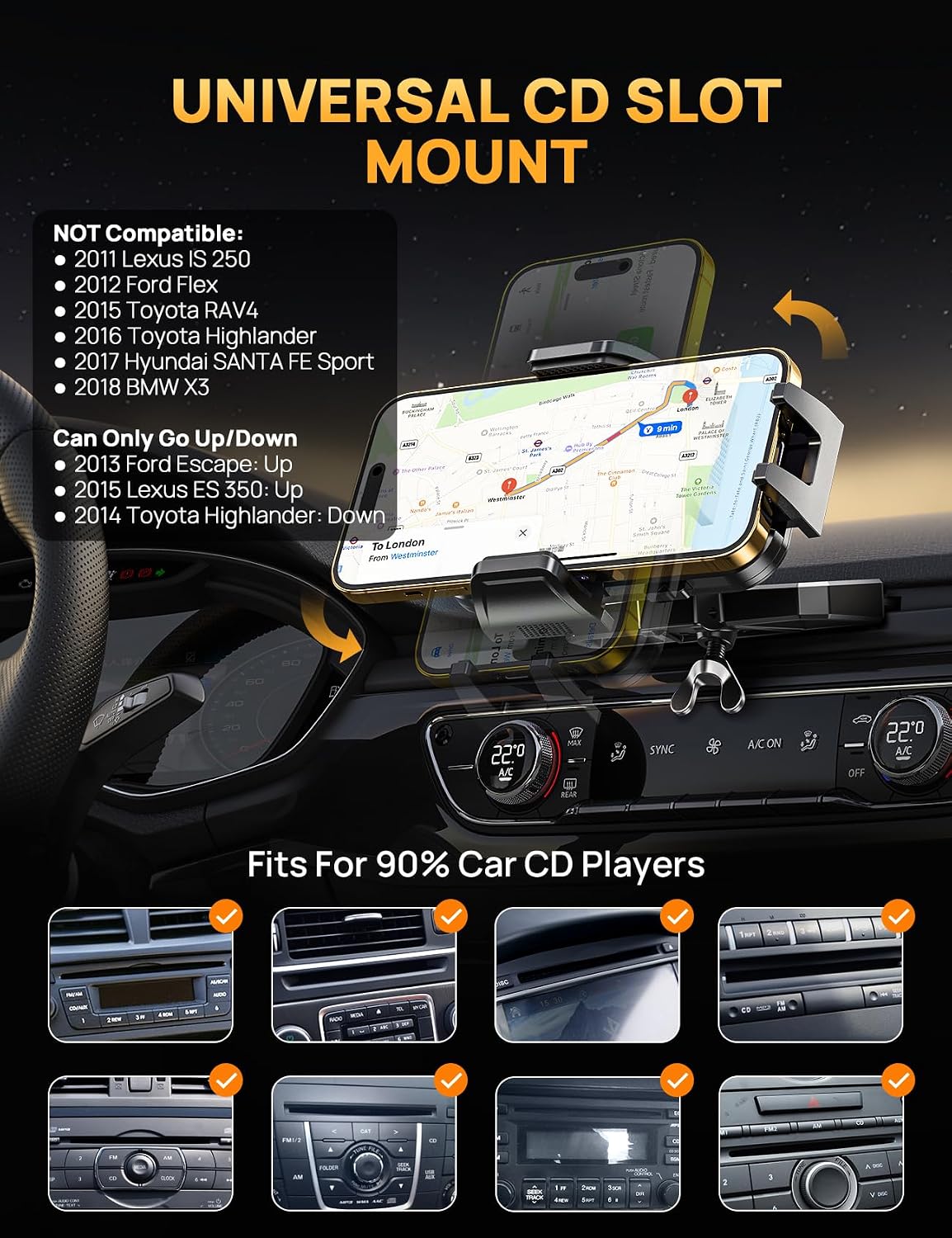 CD Phone Holder for Car, Stable CD Slot Mount for Thick Cases, 360° Viewing