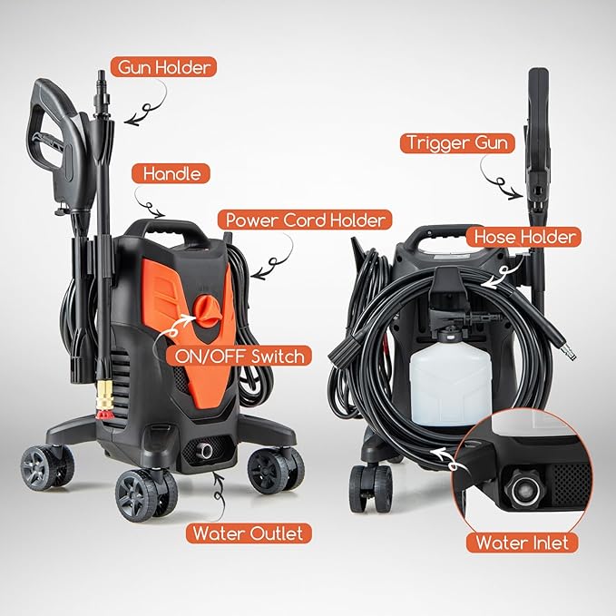 Goplus Electric Pressure Washer, 2400 PSI 1.7 GPM High Pressure Power Washer w/4 Quick Nozzles & Universal Wheels, Portable Pressure Washer IPX5 Car Wash Machine, Cleaning Garden Car Floor (Orange)