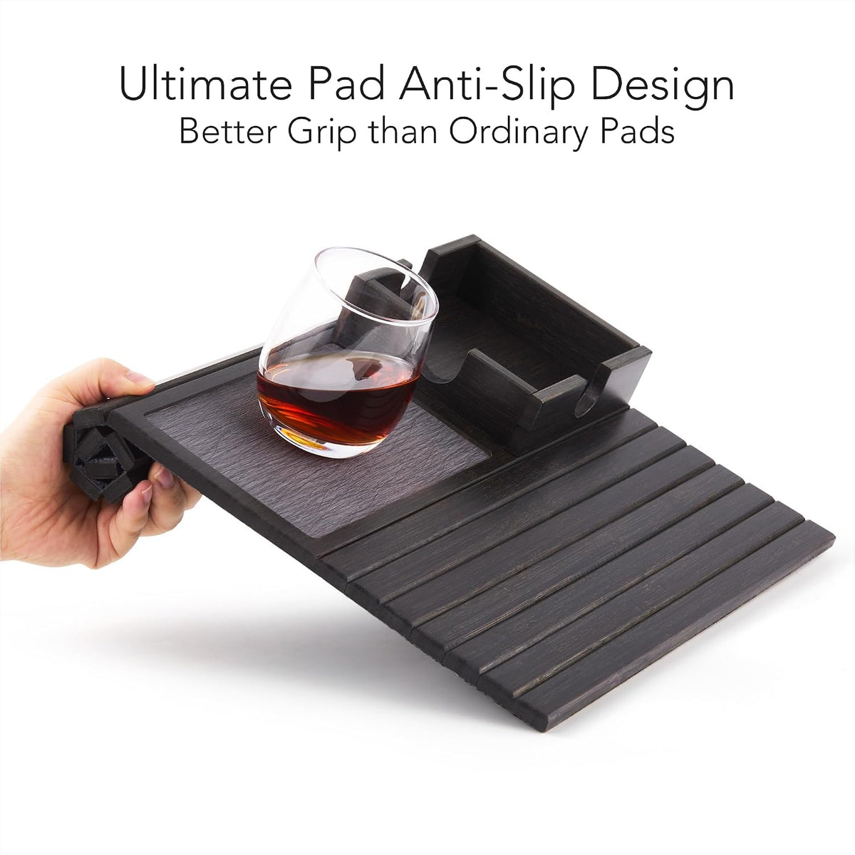 Detor Couch Cup Holder Tray with Super Anti-Slip Pad, Large 4.5" x 4.5" Organizer, Black-Stained Bamboo Finish, Enhanced Non-Slip Felt Base, Durable Bamboo Slats, Fits Armrests 5.5" and Wider