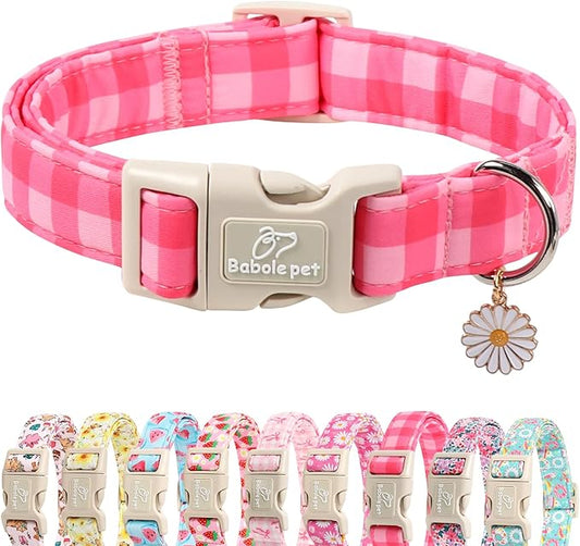 Girl Dog Collar for Medium Dogs - Cute Pink Plaid Puppy Collar, Soft Adjustable Spring Summer Female Dog Collars with Quick Release Buckle M