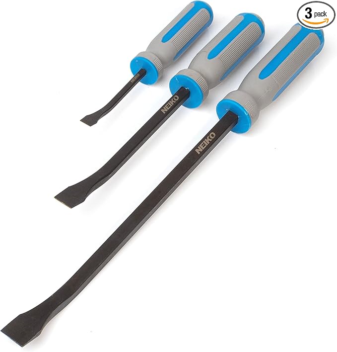 NEIKO 00251A Pry Bar, 3 Piece Angled Tip Pry Bar Set, 8", 12" & 17.5" Crow Bar with Go Through Striking Cap, Textured TPR Breaker Bar Handles, Heavy Duty Black Oxide Coated Chromium Steel Small PryBar