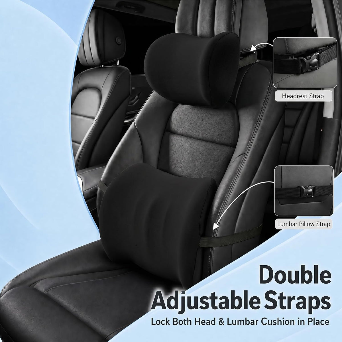 Universal Memory Foam Car Neck Pillow and Lumbar Support Pillow Set, Black
