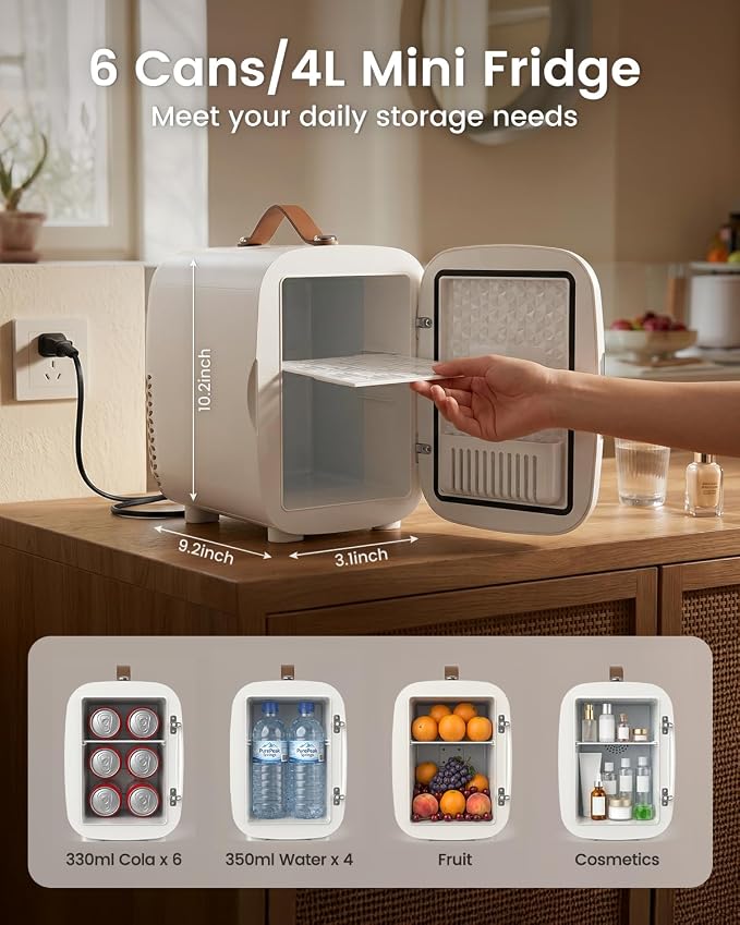 FANSEXPERT Cosmetic Fridge, Portable Mini Fridge for Skincare Food Drinks, 4L/6 Can Electric Plug In Cooler & Warmer, AC/DC Skincare Refrigerator for Bedroom Office Car Dorm (White)