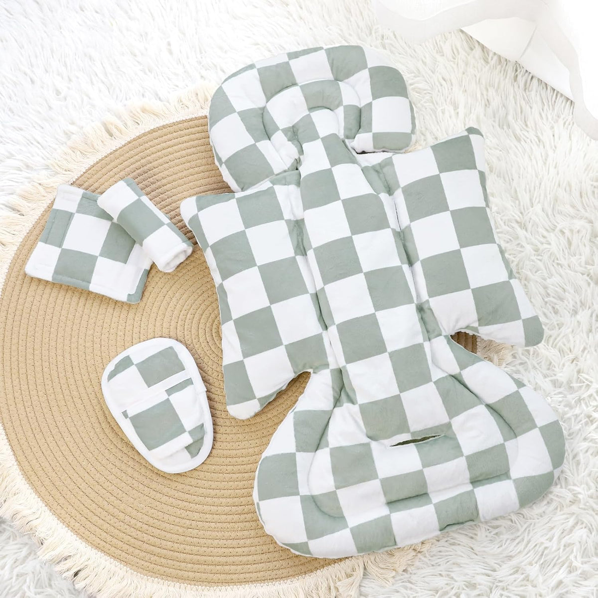 DILIMI Infant Car Seat Insert, Baby Car Seat Head Support with 3 Strap Paddings, Soft Newborn Car Seat Cushion for Stroller, Swing, Bouncers, Green Checkered