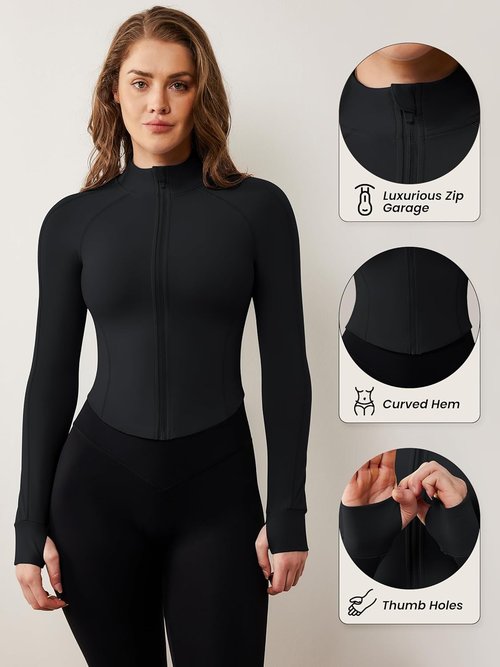AVGO Women's Lightweight Zip-Up Workout Jacket - Cropped Athletic Top with Thumb Holes