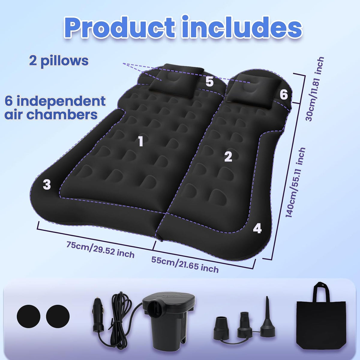 Car Air Mattress - Inflatable Bed SUV Mattress for Cars RV Truck Backseat Trunk, Portable Camping Bed Flocked Airbed Sleeping Mat for Vehicle Travel Road Trip Indoor&Outdoor Activities (Black)