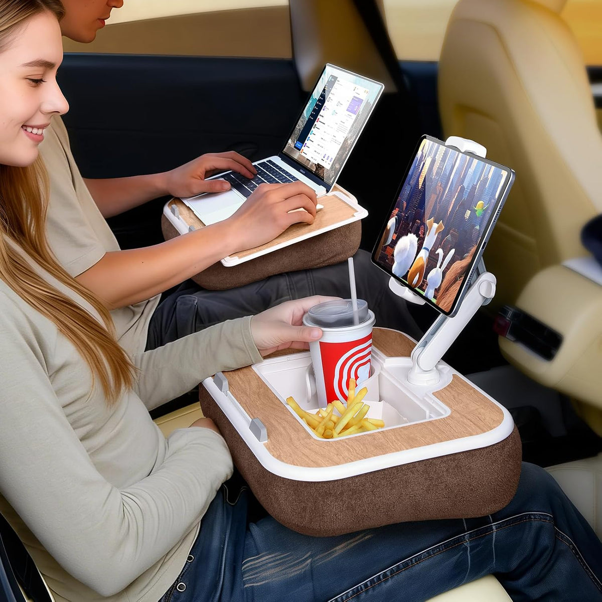 Car Seat Tray Pillow Stand, Laptop Lap Desk with Mouse Pad, Portable Food Tray with Tablet/Kindle Mount Holder, Front/Rear Seat Table for Office/Eating/Reading, Travel Essentials Accessories