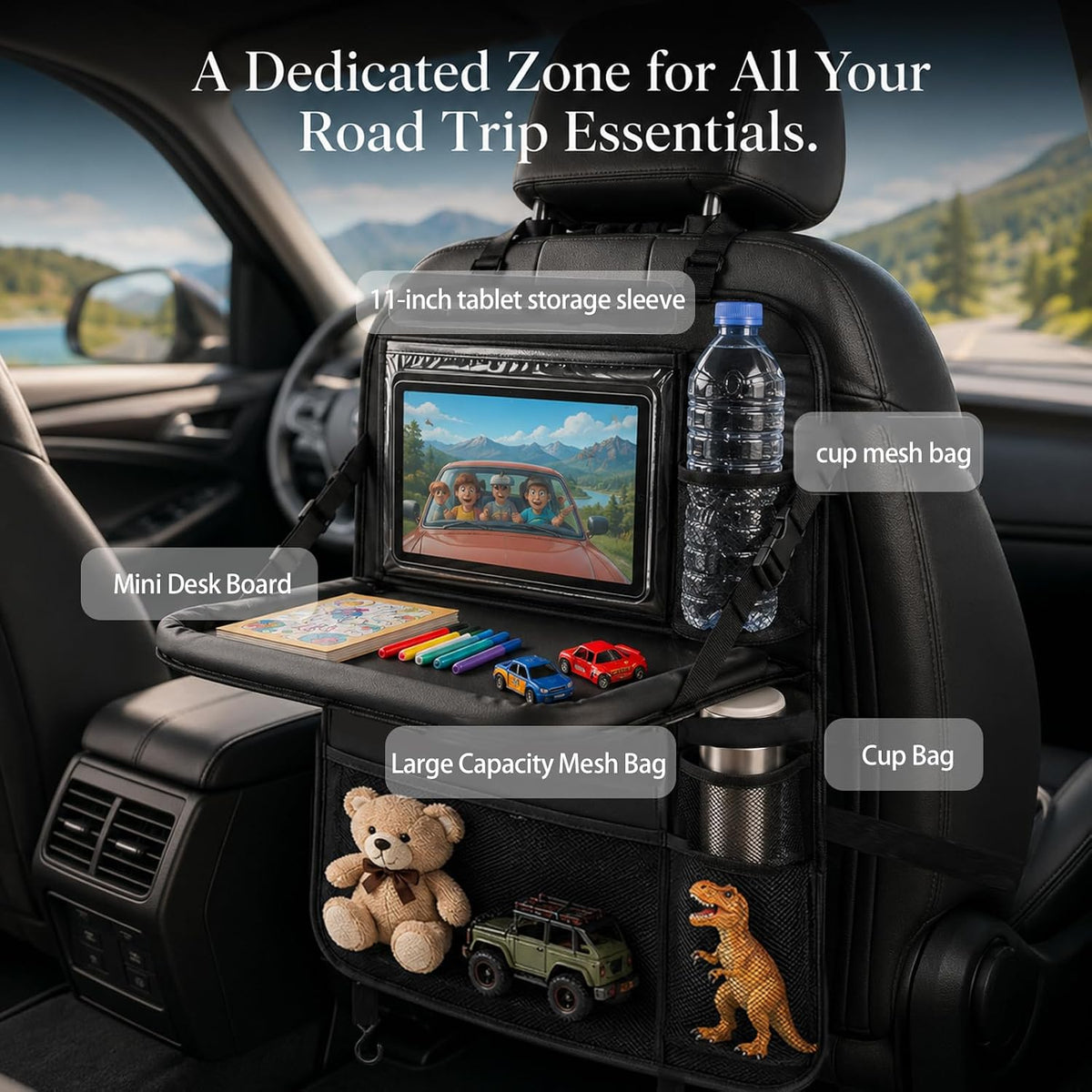 Backseat Car Organizer with Tray Table,Dual 11" Tablet Holder-1 Pack
