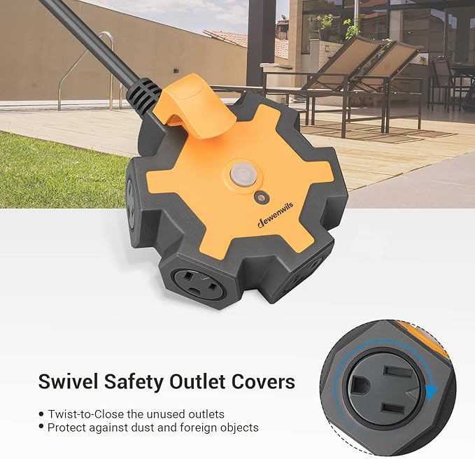 DEWENWILS Industrial Power Strip with 5-Outlet Power Hub, 15FT Heavy Duty Extension Cord for Garage, Workshop, 14/3 AWG SJTW, 15A Circuit Breaker, Swivel Safety Covers, ETL Listed Yellow