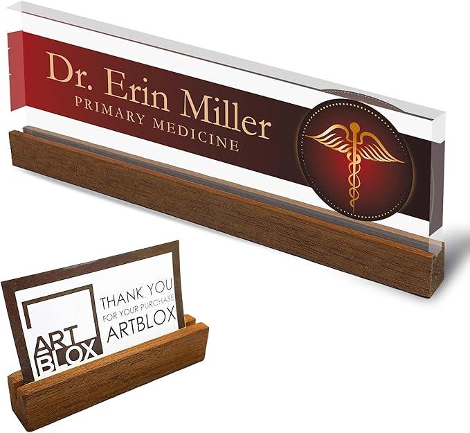 Artblox Personalized Office Desk Name Plate and Business Card Holder | Clear Acrylic Glass with Teak Wood Stand | Doctor Design Customized with Your Name and Credentials Office Desk Decor