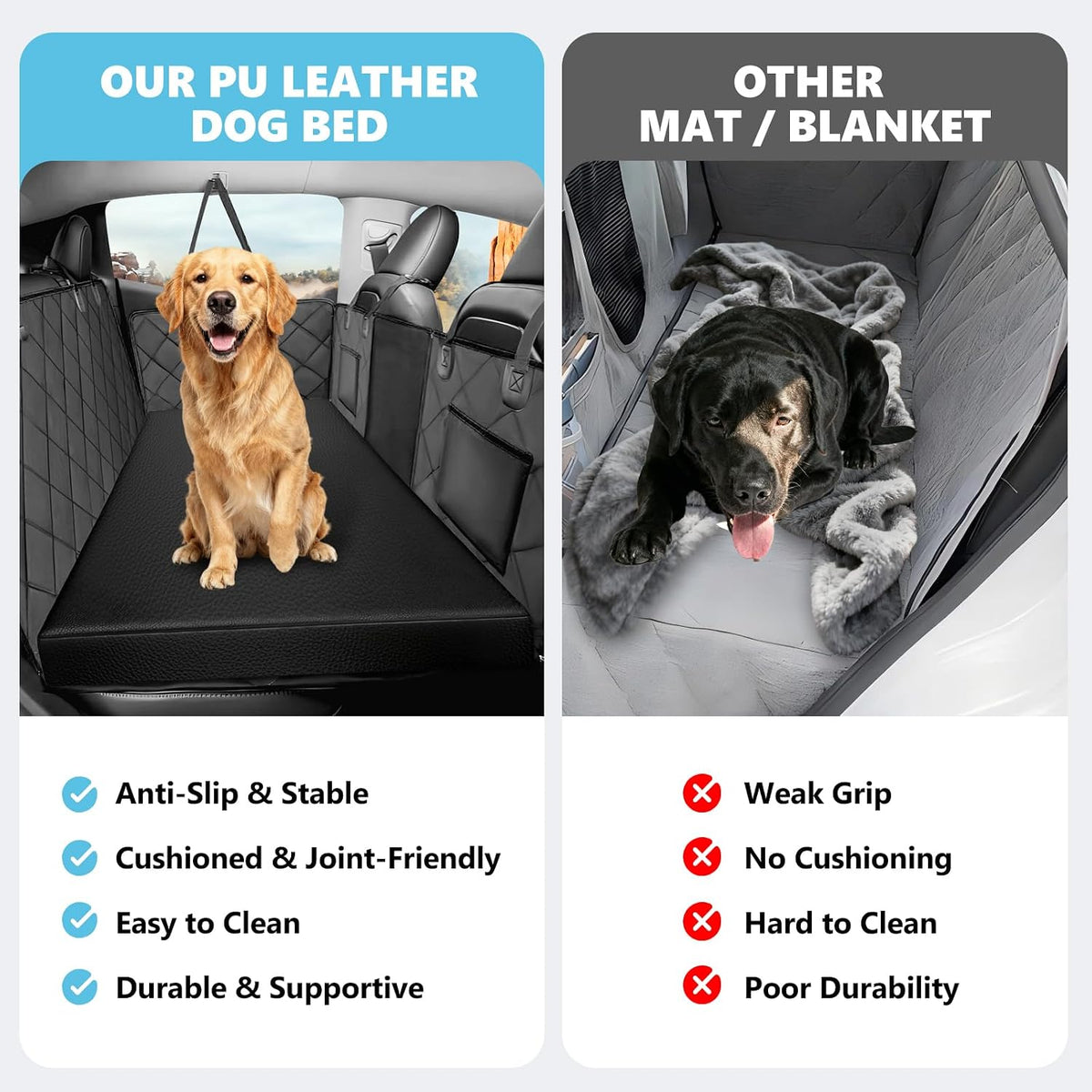 Backseat Dog Bed, Dog Bed for Car Back Seat, 4in Thick PU Leather Pet Bed for Backseat Extender – Waterproof, Scratch-Proof, Non-Slip, Removable & Washable for SUVs, Sedans & Trucks (51"x23.5", Black)