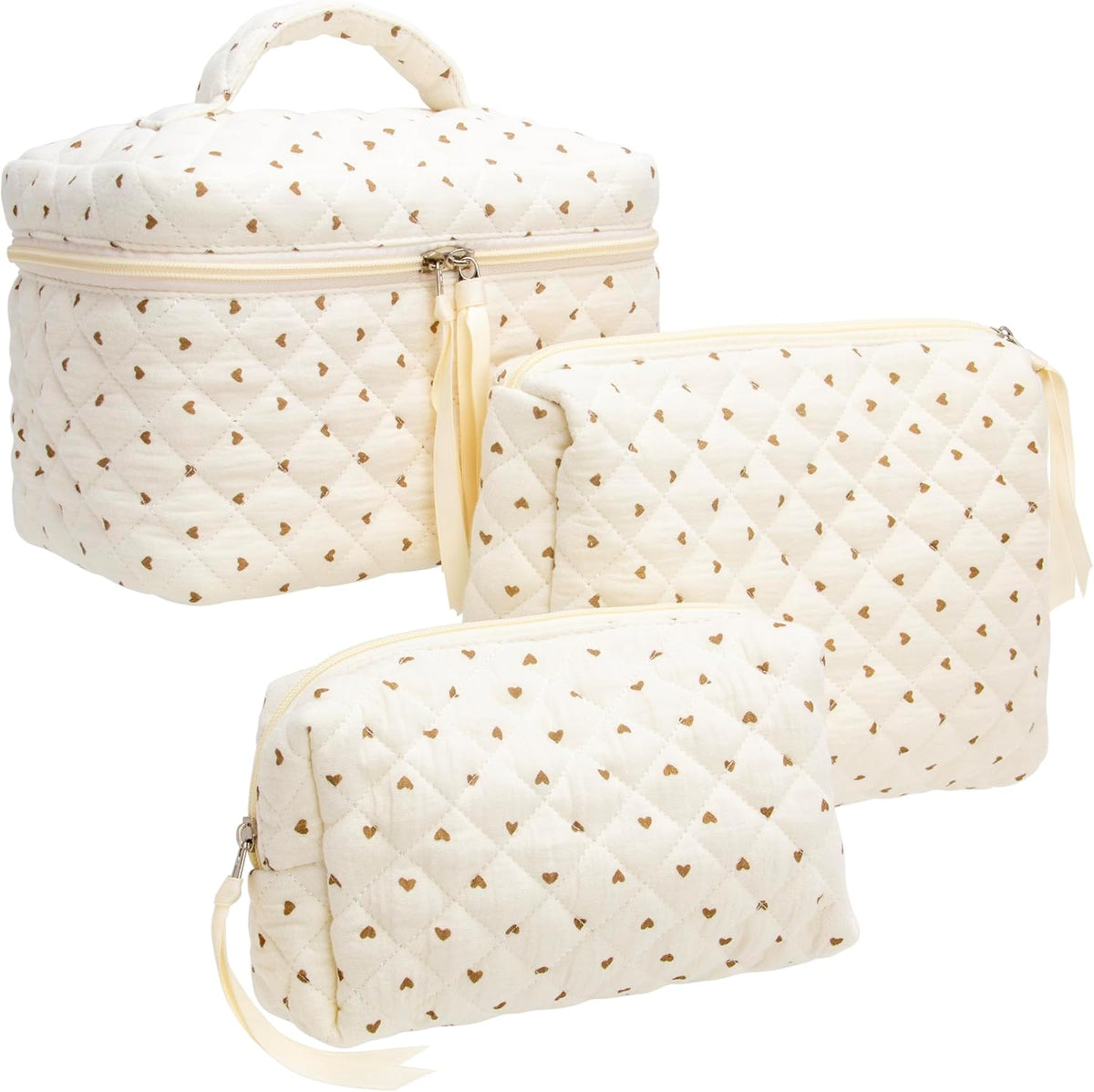 3 Piece Quilted Makeup Bag Set for Women,Cosmetic&Toiletry Bag,Gauze Heart