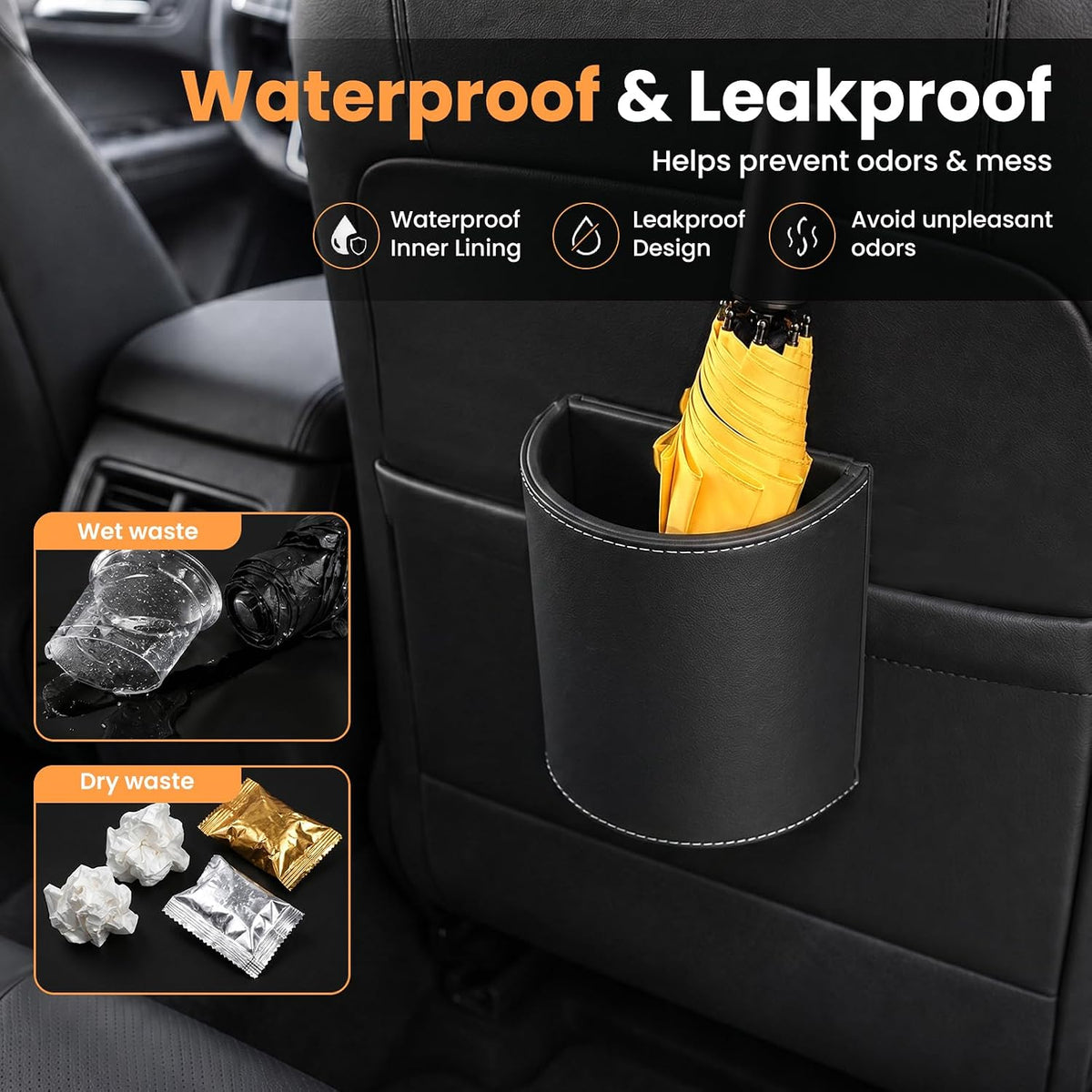 Car Trash Can,Leakproof Leather Car Garbage Can with Hanging Hooks,Waterproof Automotive Trash Bin,Portable & Multi-Purpose Vehicle Garbage Cans for Cars,SUV & Truck,Easy to Clean (Black)