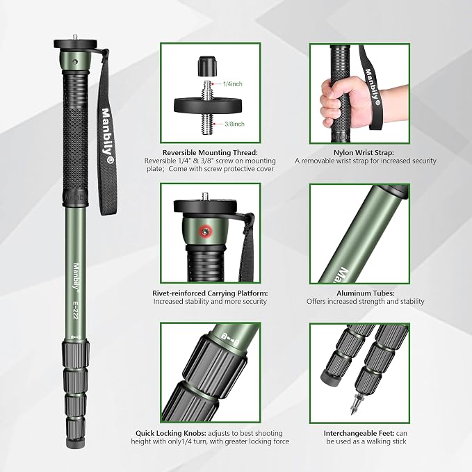 Manbily 65-Inch Camera Monopod, 5 Sections Aluminum Travel Monopod
