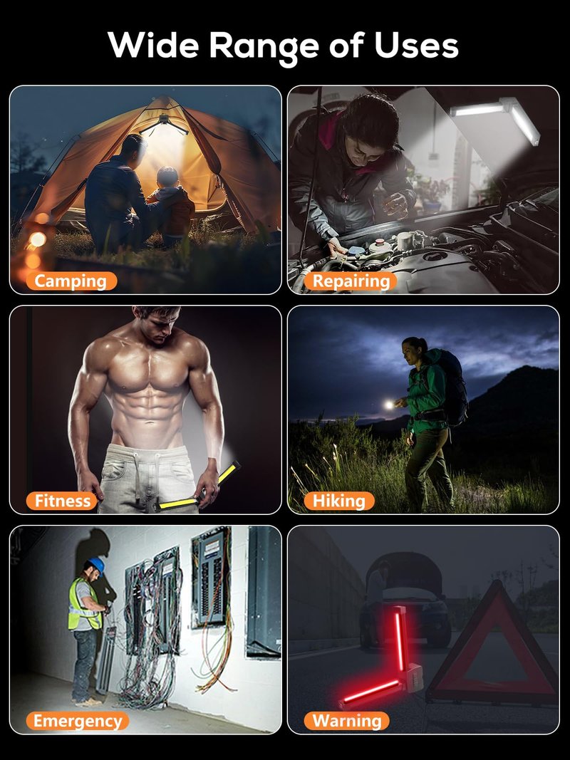 YETHKE Gym Lamp, Portable Gym Lighting for Posing, Magnetic Work Light Rechargeable, Gift for Men/Women, 180° Rotate Foldable with Hang Hook Camping Lamp, USB Power Bank LED Handheld Flashlight-Black