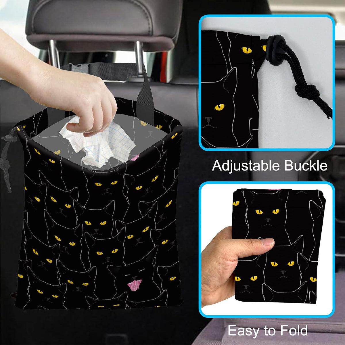 Car Trash Bag Hanging Black Cats Car Trash Can Waterproof Garbage Bag Hanging for Car Back Seat
